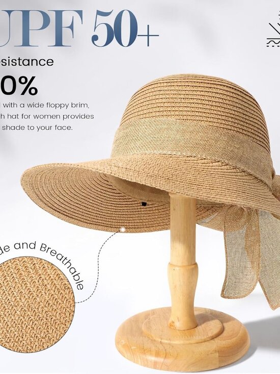 Women\'s Beach Sun Straw HatsUPF 50+ UV Sun Protection Wide Brim Khaki Bow